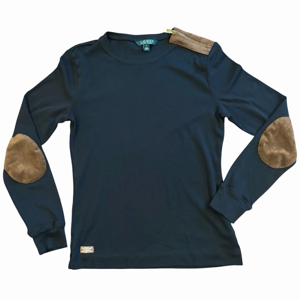 Lauren Ralph Lauren Black Long Sleeve Sz S Faux Suede Elbow Patches Shoulder Zip